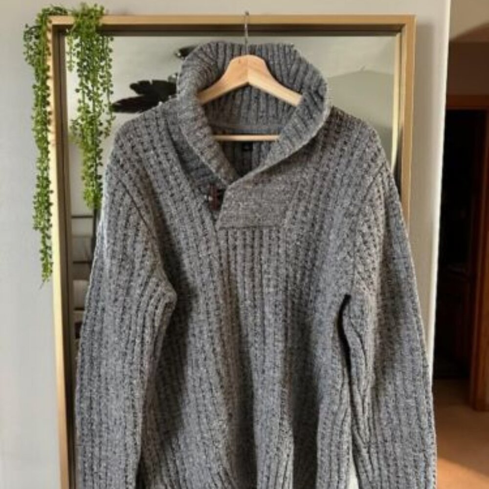 Banana Republic Mens Cable Knit Shawl Collar Sweater Italian Yarn Gray Large